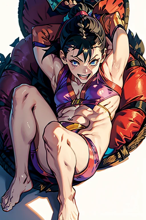 ninja woman, juri from street fighter, small breast, fit body, barefoot, smiling, inside dodjo, aesthetic, full body, high detailed image, masterpiece, realistic photo