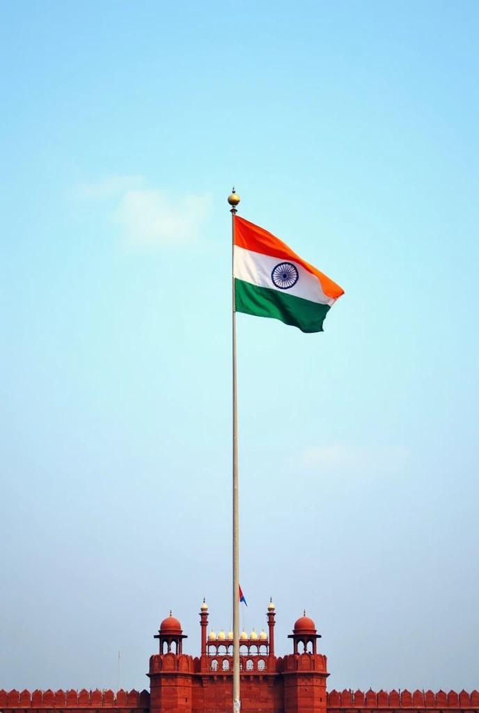 in the center the Hoisted India Flag that is not waving, light blue sky with minimal clouds and red fort as backdrop