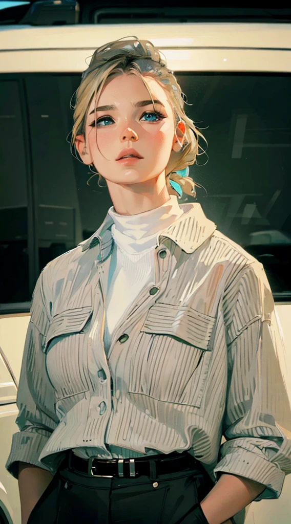 ((Best Quality, 8K, Masterpiece: 1.3)), best quality, ultra high res, arafed woman in a white shirt and black pants standing in front of a white van, in white turtleneck shirt, in thomas ruff style, in style of britt marling, britt marling style, official jil sander editorial, wearing a turtleneck and jacket, wearing stripe shirt, yelena belova, female model