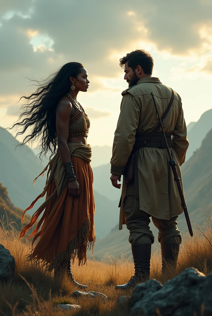 Create an epic story poster of a black girl with long hair and in native clothing with a white Caucasian man with a worn out soldier uniform meeting each other but he's looking at her while she's standing far away 