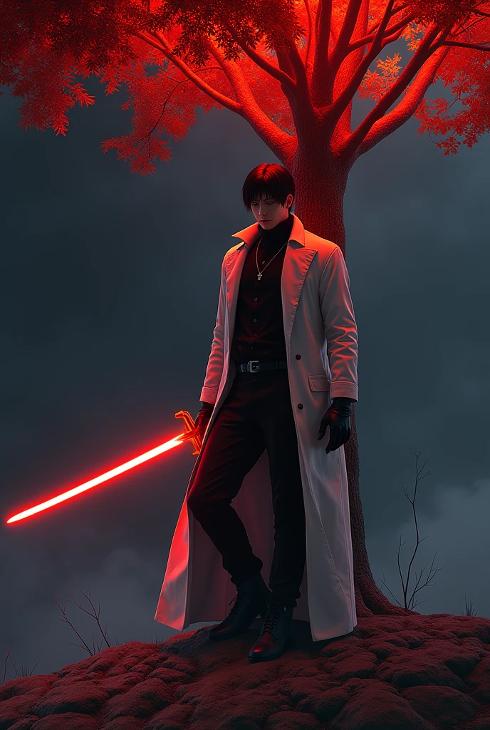Lee hyperreal from punishing gray raven (male) with smooth pure black clothes with a white long coat and donning a red glowing sword sitting leaning against a bright tree but a dark landscape