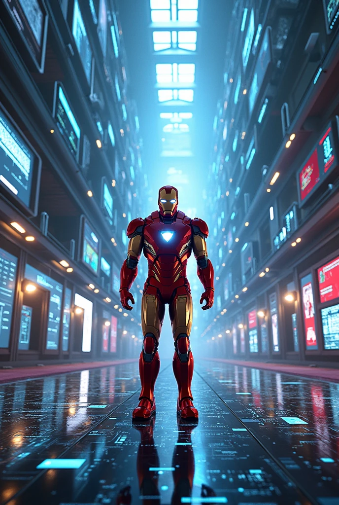 Create an image of Iron Man standing in front of an enormous array of futuristic computer screens and consoles. The scene should be filled with screens displaying complex algorithms, streams of data, and digital graphs. Iron Man, with his suit glowing and visor reflecting the data, looks both amazed and overwhelmed by the sheer scale of the technology. The environment should have a high-tech, sci-fi aesthetic with vibrant colors and intricate details, emphasizing the advanced nature of the computational power before him.