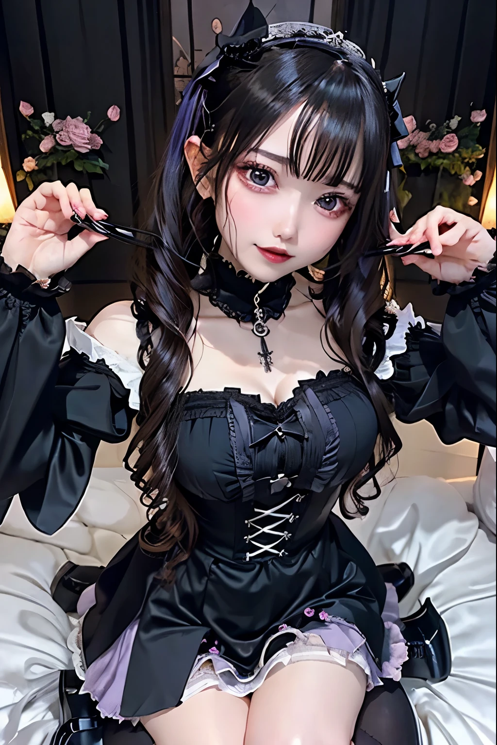 ハードなDark Gothicメイク、Black dark eyeshadow、sad、Good skin radiance、Dark Gothicメイク、Dark smile、palace、The beauty of fragrance、24-years-old、Expressions of intense sexual pleasure、Embarrassed look、Dark Gothic、Highest quality、Expression of sexual pleasure without pain、Drunk face、Purple maid outfit、mysterious、noble、Loving smile、Twin tail hair、Right eye is blue、Left eye is red、Super tempting pose、Platform heel shoes、Heavy makeup、Gothic ta Clothing、Silver Hair、Long Hair Straight Hair、Cute Gothic Loliress、Beautiful Face、Elegant face、Attractive face、Stained glassの背景、Chest glistening with sweat、The room is dark、goth long dress、Bell Sleeves、Wizard Sleeve、Decadent look、Sexually excited expression、Wet shiny thigh water、Thighs that are wet and shiny with oil、Background of a room full of roses、Sad look、Rose Maiden、The embroidery is pink、The dress has pink embroidery.、Thigh-high socks、Knee-high socks、Gentle expression、Dark black eyeshadow、Stained glassとバラの背景、Thighs are a little thin、Female Duo、Female couple、dark church background、Stained glass、Black metal world、Dark Castle、Dark Room、Slender body、gothic long dress、Victorian dress、Small breasts、With a glass of wine in your right hand、With a lantern in his left hand、The bed is covered with roses、Her thighs are shining with sweat、My body is wet and shiny、There is a lot of glitter on the thighs、I am sweating、My thighs are sticky with sweat.、My thighs are glistening with sweat、My whole body is sweaty and shiny、I sweated a lot.、My thighs are sweaty、My wet thighs are glistening with sweat.、There is a lot of sweat shining all over my body、Slender body、I rest my head on the pillow、Sleeping in bed、Beautiful legs、Outstretched legs、Lying in bed、Lying on your back in bed、On all fours、Knee Up、Kneel、Put your arms behind your back、Kneeling on the bed、Super beautiful straight hair、Straight hair to the ends、Straight Perm Hair、Show off your glamorous thighs、Sit on the bed、Ass on the bed、Sitting with legs wide apart、Thighs are a little glamorous、