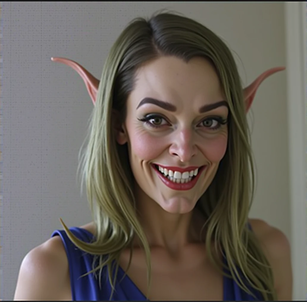 a detailed evil goblin with a big nose, long pointy goblin ears,, big forehead, long hair, raised eyebrows, perfect teeth, wearing a blue dress, evil laugh, cinematic lighting, hyper realistic, 8k hd resolution, highly detailed, photorealistic, masterpiece, hair tucked behind long pointy ears, very detailed goblin ears, green skin tone