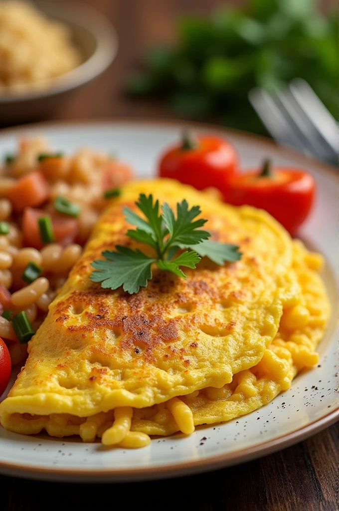 Create a picture about this food. Omelette beside the pancit canton
