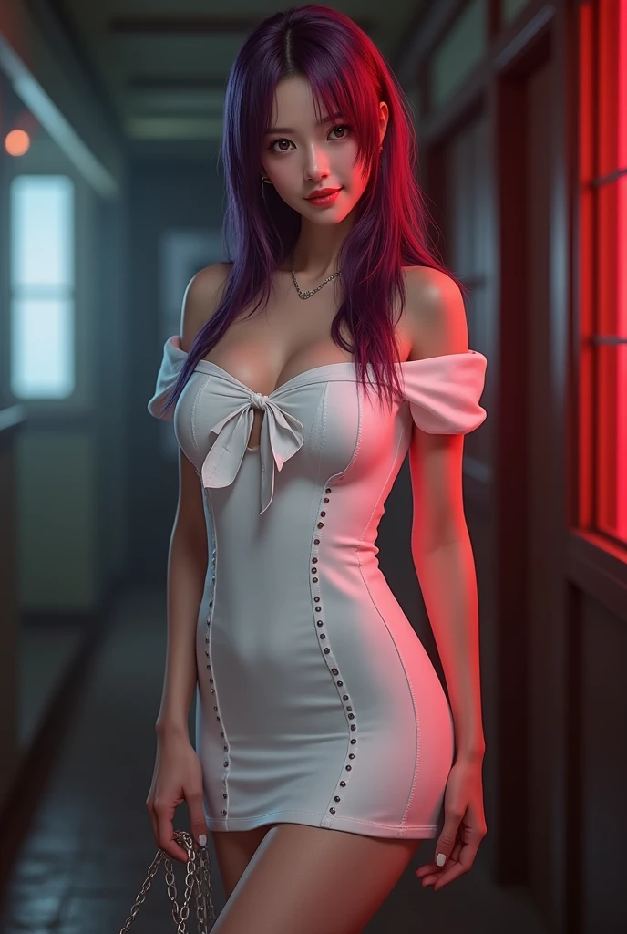 Claire Redfield from Resident Evil, posing seductively to viewer, solo focus:1,2, pov, beautiful thick thighs, realistic hands, standing beautiful background, long purple hair, 3/4 body, off-shoulder buttoned white dress ((best quality)), ((masterpiece)) white bow, doe eye, pink lips, hot girl, real life,very skinny,model, 18 years old, super long hair,flat belly , smilling, close up face, korean face,korean hair