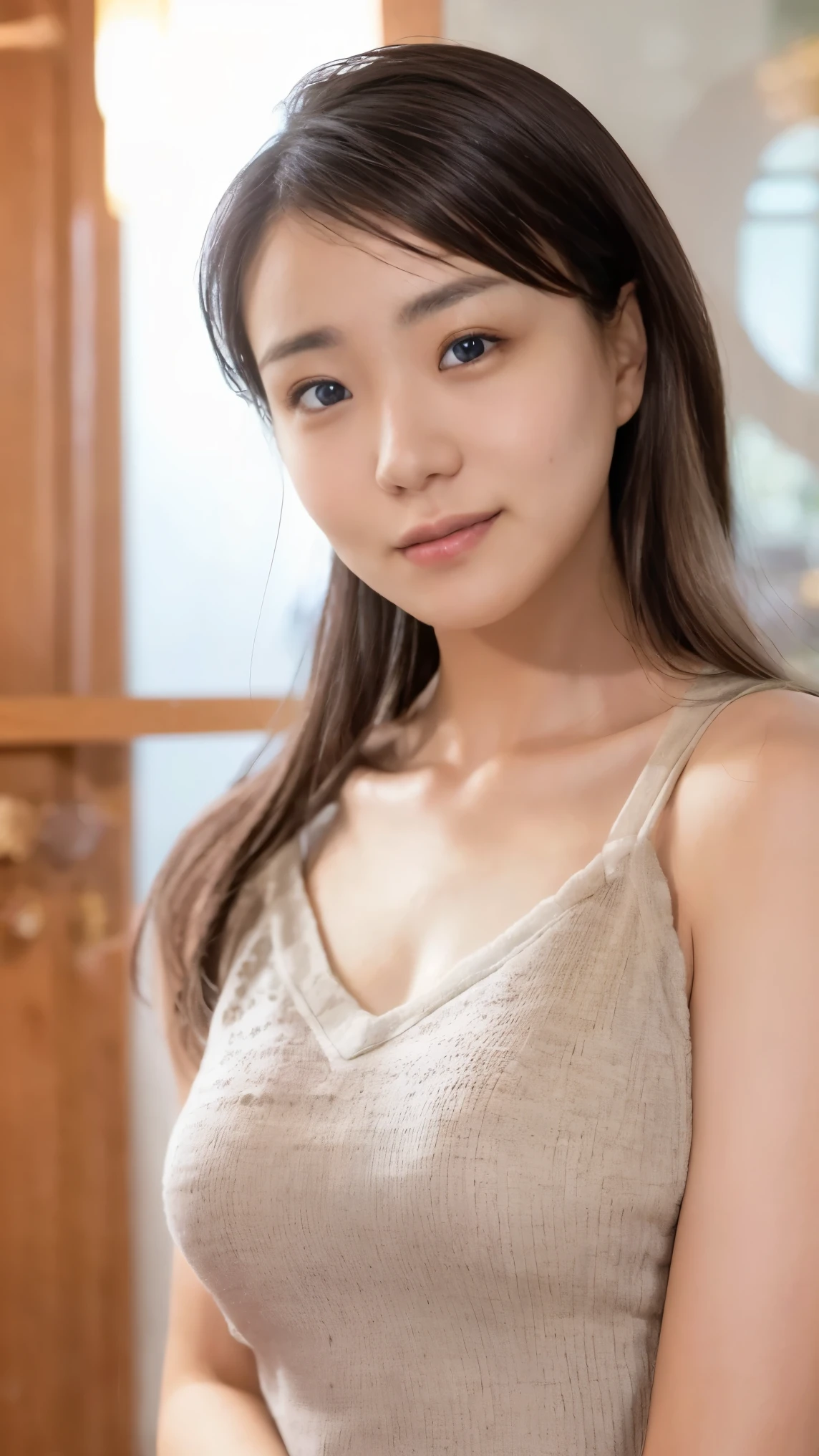 Blonde, Brown Hair, Everything modern:3.66, Cute Japanese Women Photos, smile, 20-year-old, Straight Hair:2.55, (photo Realistic:1.4), (hyper Realistic:1.4), (Realistic:1.3), (Smoother lighting:1.05), (Improving the quality of cinema lighting:0.9), 32K, 1 girl,20-year-oldの女の子, Realistic lighting, Backlight, The light shines on your face, Ray Tracing, (Bright light:1.2), (Improvement of quality:1.4), (Highest quality Realistic textured skin:1.4), fine grain, Detailed face,(smile:1.0), (Emphasis on face close-up:1.3), (Enhances the beauty of skin texture:1.1),((Extremely precise and accurate anatomy:1.0)), (Enhances the beauty of skin texture:1.1), Clean and glowing skin, mesh, thin:1.2, (Realistic:1.3), Realisticなライティング, (Smoother lighting:1.05), 32K, One Japanese woman, fine grain, Detailed face, (Film Grain:1.1),(Accentuates body lines:1.1), High resolution, Natural look, Kind eyes, Improves hair quality, Delicate light and shadow, Transparent muscles, Graceful pose, Beautiful Eyes, Sharp details, Soft light reflection, Beautiful contours, Delicate skin tone, Fine hair texture,Cute Japanese Women Photos,