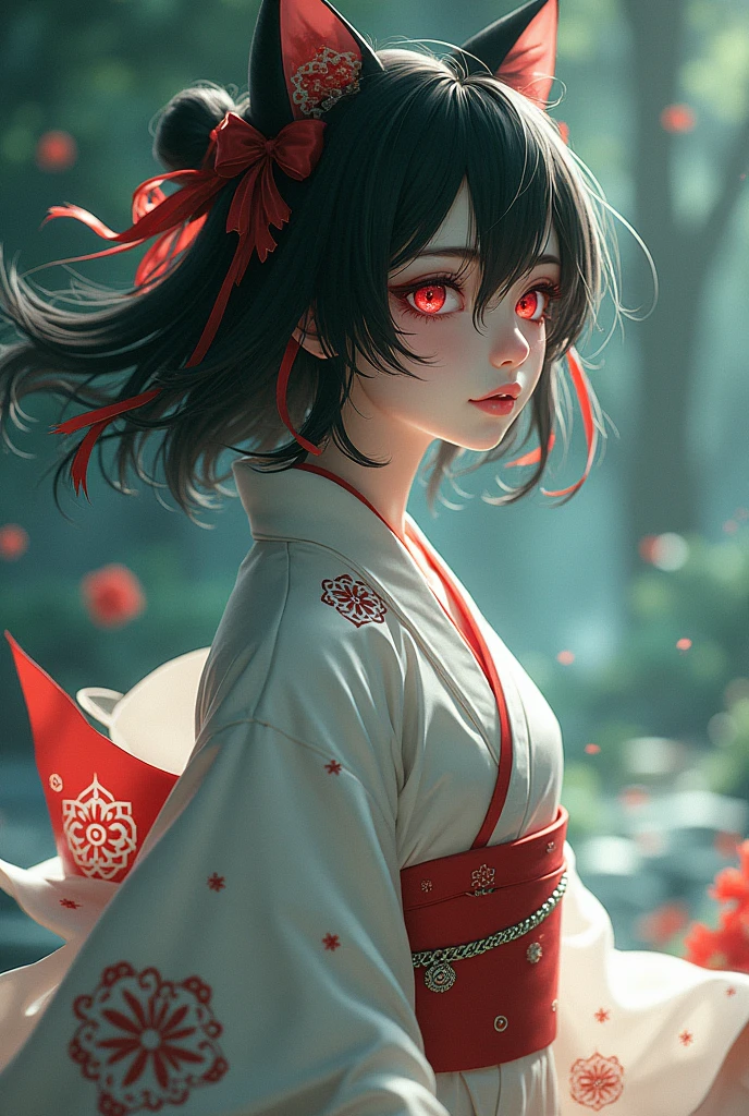 A nekomata girl with black medium hair thats flowing in the wind and crimson eyes, who wears a white kimono with red and green designs, she is looking back at something. Geshin impact style