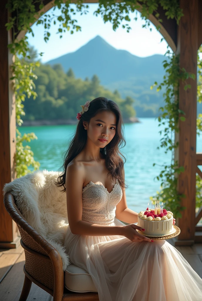 Lake Toba,potret full badan seorang wanita muda cantik indonesia menawan aduhai memakai gaun indah duduk di gubug samping Lake Toba,while holding a birthday cake,gift,on the side there is writing happy birthday CATHELYA,typography,cinematic,Blue sky,smile