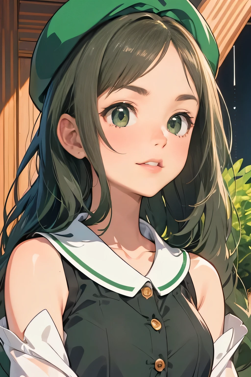 (Masterpiece: 1.1 points), (Top-notch: 1.1 points), (Perfect face: 1.1 points), (Attention to detail: 1.1 points), Unique, (Healthy skin), Cartoon, White skin, White beret, (Dark green shiny hair), (Bright green tips: 1. 1 points), (Big side black ribbon), (Green eyes, white top, black green buttons on strings, top under black tank),cheerful, smaile happy,(looking at ,camera, close-up of front face, one hand gesture of self introduction, background, plain,