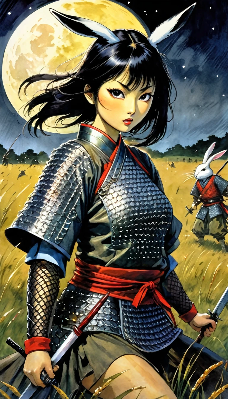 Ancient Japanese yokai horror style, action battle, Midnight, a large full moon in the night sky, countless battle rabbits on the meadow, Many eyes shining in the dark, on the eve of the battle, the will to fight, the will of fighting, cowboy shot, face, strong wind blowing, japanese horror background, horror background, japanese horror style, japanese horror image, sexy warrior girl in chain mail armor, , art inspired by Bill Sienkiewicz and Dave McKean Preparing