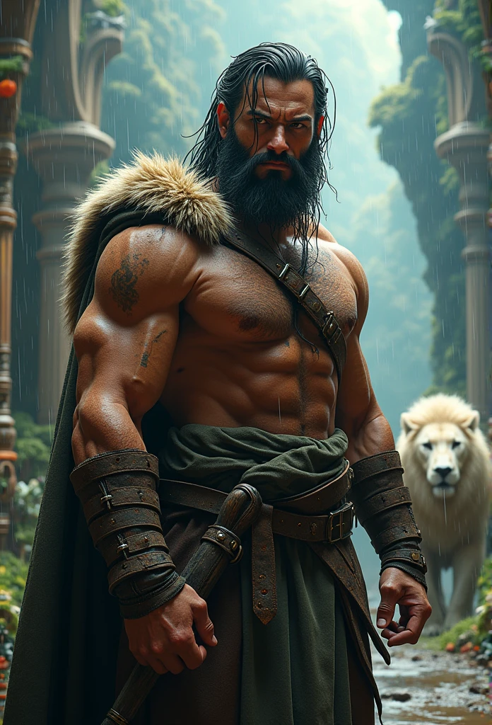 (professional 3d render:1.3) af (Realistic:1.3) most beautiful artwork photo in the world,Features soft and shiny male heroes, ((Epic hero fantasy muscle man rough wet hero angry looking long hair short beard and ferocious expression in dynamic pose, Fantastic location, Majestic cluttered environment)), Full body 8K unified rendering, action shot, skin pore, very dark lighting, heavyshading, Detailed, Detailed face, (vibrant, photograph realistic, Realistic, Dramatic, Dark, Sharp focus, 8K), (Old leather garments damaged by weathering:1.4), ((((Wear fur)))), (Intricate:1.4), decadent, (Highly detailed:1.4), Digital painting, rendering by octane, art stations, concept-art, smooth, Sharp focus, illustration, Art germ, (loish:0.23), wlop ilya kuvshinov, and greg rutkowski and alphonse mucha gracias, (Global illumination, Studio light, volumettic light), heavy rain, and big white lion sitting on his side particles floating, lotr, fantasy, elf, full bodyesbian, (green and beautiful landscape