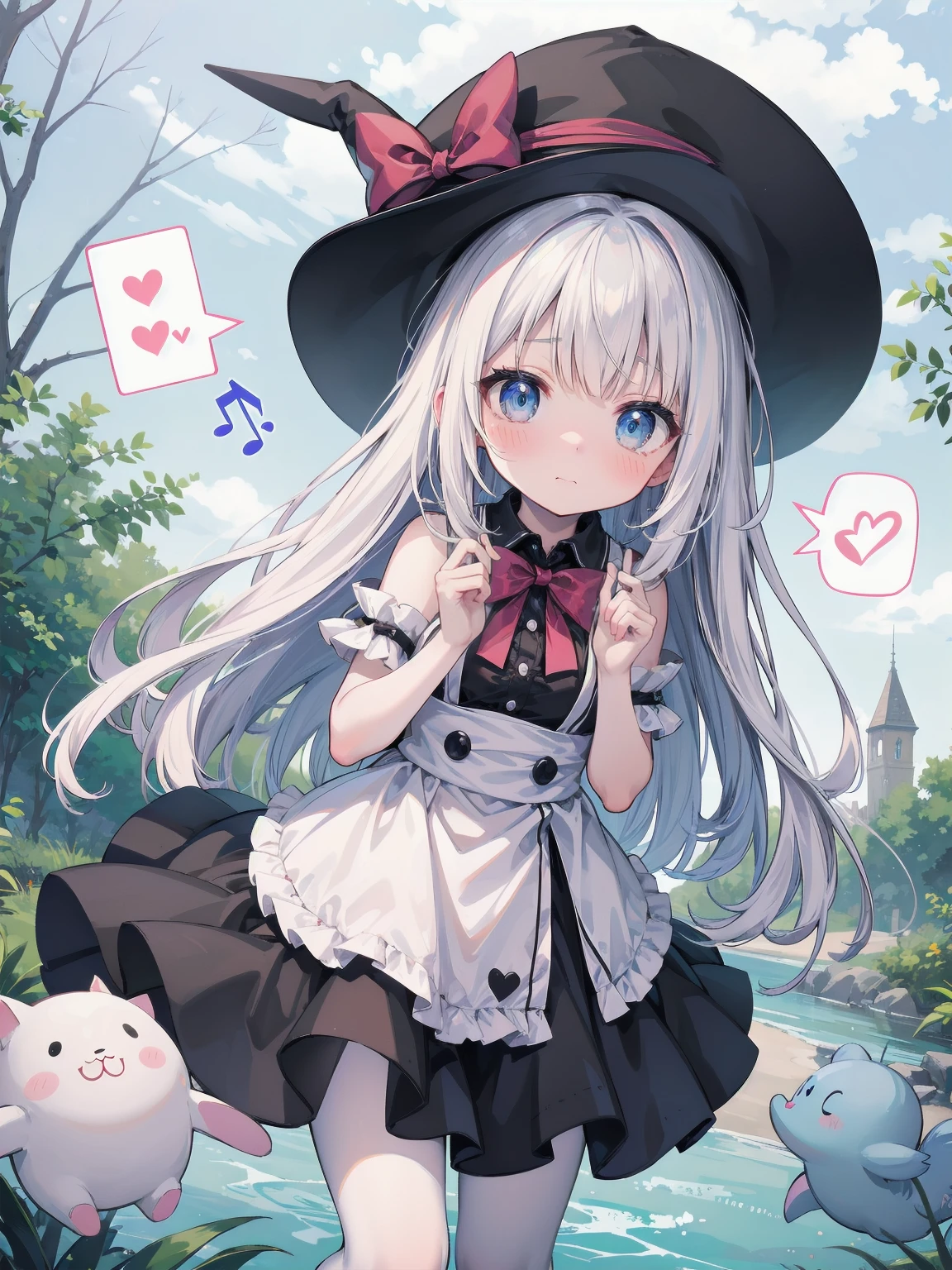 🎶, (🧙♀️), ✡, ✨(black hat), , Alice in Wonderland, Alone, very beautiful, cute, adorable, embarrassed, alone, blue eyes, white skin、look at viewer、looking up,kawaiitech, pastel colors, kawaii, cute colors,Alice in Wonderland, alone, very beautiful, cute, adorable, embarrassed, alone, blue eyes, white skin,skirtlift