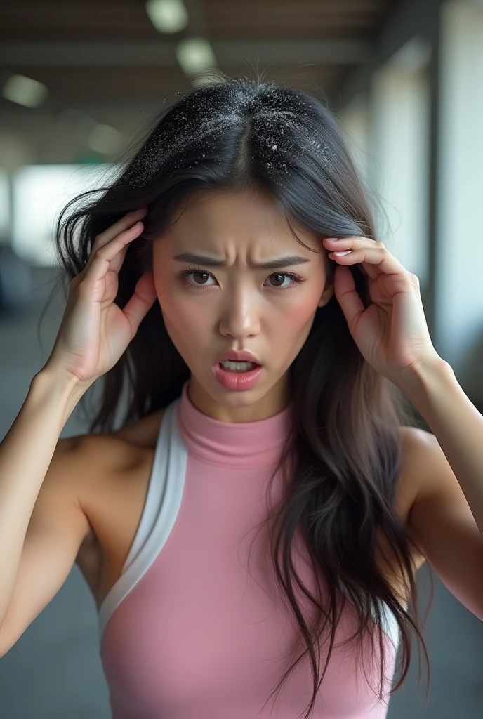 Create an Asian long-haired beauty，Wearing a pink and white high-necked yoga outfit，Scratching the scalp with both hands，There is a lot of dandruff on the top of the head，White fine dandruff on the top of the head，Fierce and unhappy expression，The characters are realistic and realistic，Gym background，9:16 frames，Ultra-high-definition picture quality