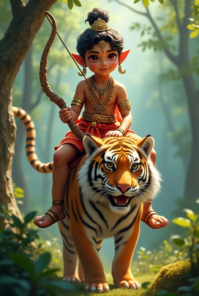 charming cute teen reddish eyes lord manikanta  sitting on his vehicle tiger .and holding archery in forest.