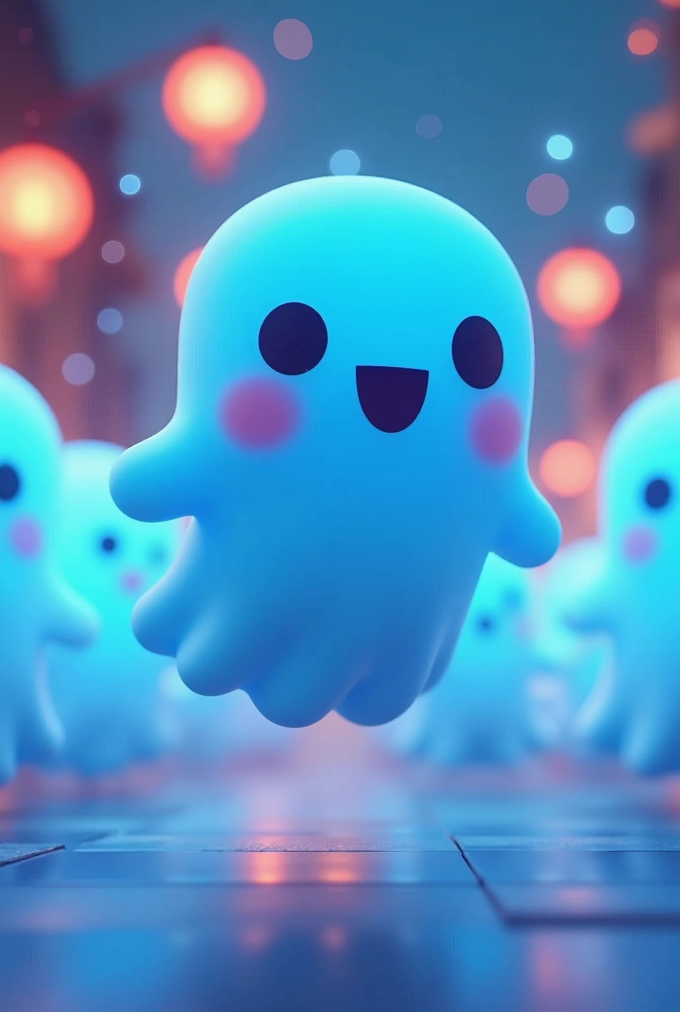 The character flies forward diagonally, Bon Festival atmosphere, The cute little blue ghost girl is surrounded by blue ghost lights, Spooky, ghost, popmart Blind Box, chibi, 3D art, fine gloss, clay materials, silver, soft and dreamy colors, Dreamy color palette, reflecting rainbow luster, light and shadow, soft gradients, ray tracing, depth of field, full body, standing, frontfantasy, full body:2, 16K, super details, front body, hyper, very high detailed, blender, C4D, 3D rendering, OC rendering, UE5 rendering