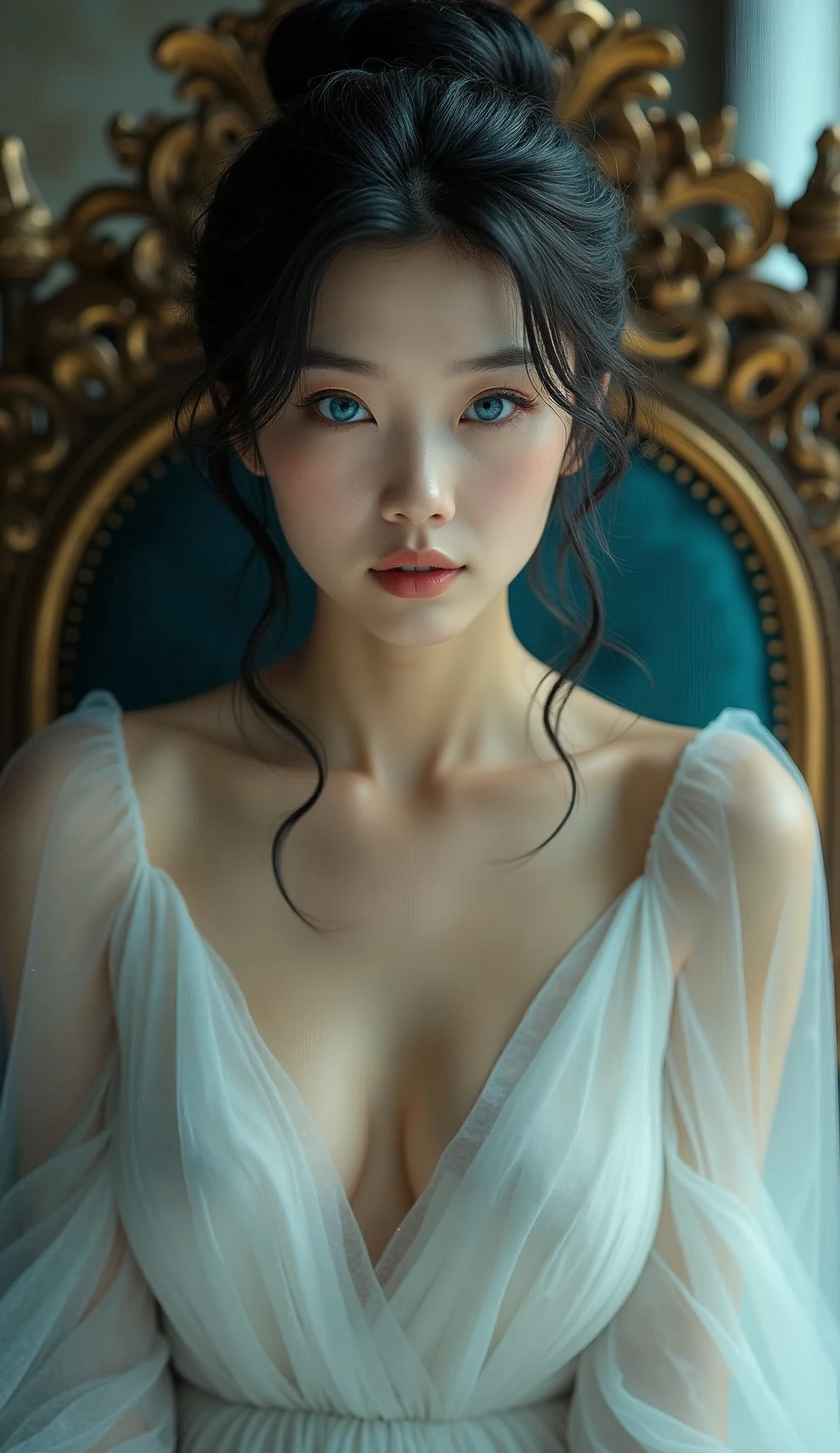 (Realistic) Insanely beautiful asian lady with messy bun hairstyle, blue eyes so beautiful looks like stars in night sky , cute and attractive facial expressions, incredibly soft skin like an angel , natural skin color, natural breasts, godly perfect body (highly detailed) , cinematic lightings , wearing a simple yet angelic dress (highly detailed) , incredible alluring lips , sitting on a highly detailed throne , full body image highly detailed from top to bottom