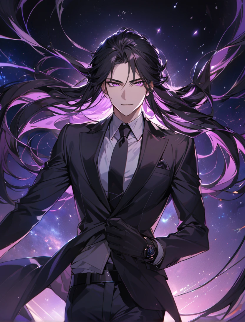(black_hair), (long_male_hair), (deep_purple_eyes), (high_detailed_eyes), (attractive), (Deep_space_background), (male), (wears_black_suit), (long_male_hair), (detailed_Hair), (detailed), (detailed_mouth), (vertical_slit_pupils), (Mysterious), (German)