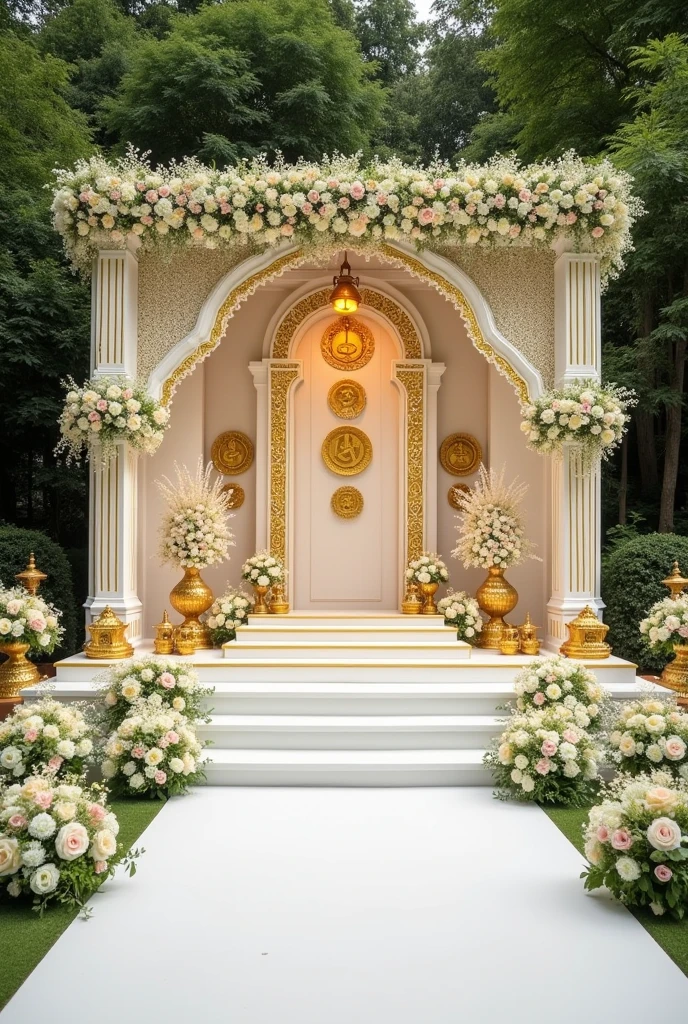 a man and woman in white outfits standing under a floral canopy, luxurious wedding, very magical and dreamy, by Ke Jiusi, 🤬 🤮 💕 🎀, ornate and intricate backdrop, dreamy and detailed, with intricate detail, with intricate details, look at all that detail!, bride and groom, 🕹️ 😎 🔫 🤖 🚬, dancing with each other