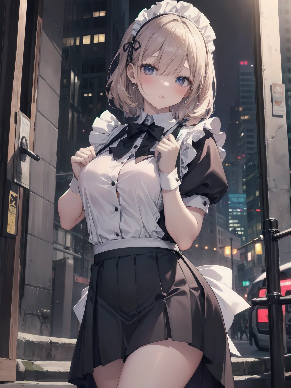 Highly detailed CG Unity 8k wallpaper, Top quality, Highly detailed, Masterpiece, Highly detailed pretty girl, 8 years old, (((lifting skirt by herself))), (lifting skirt by herself)), dynamic angles, sexy pose, blush, lips apart, looking at audience, half body shot, (crowd), (crowded big city)), hair over one eye, immaculate beauty, less revealing maid outfit, classical maid fashion