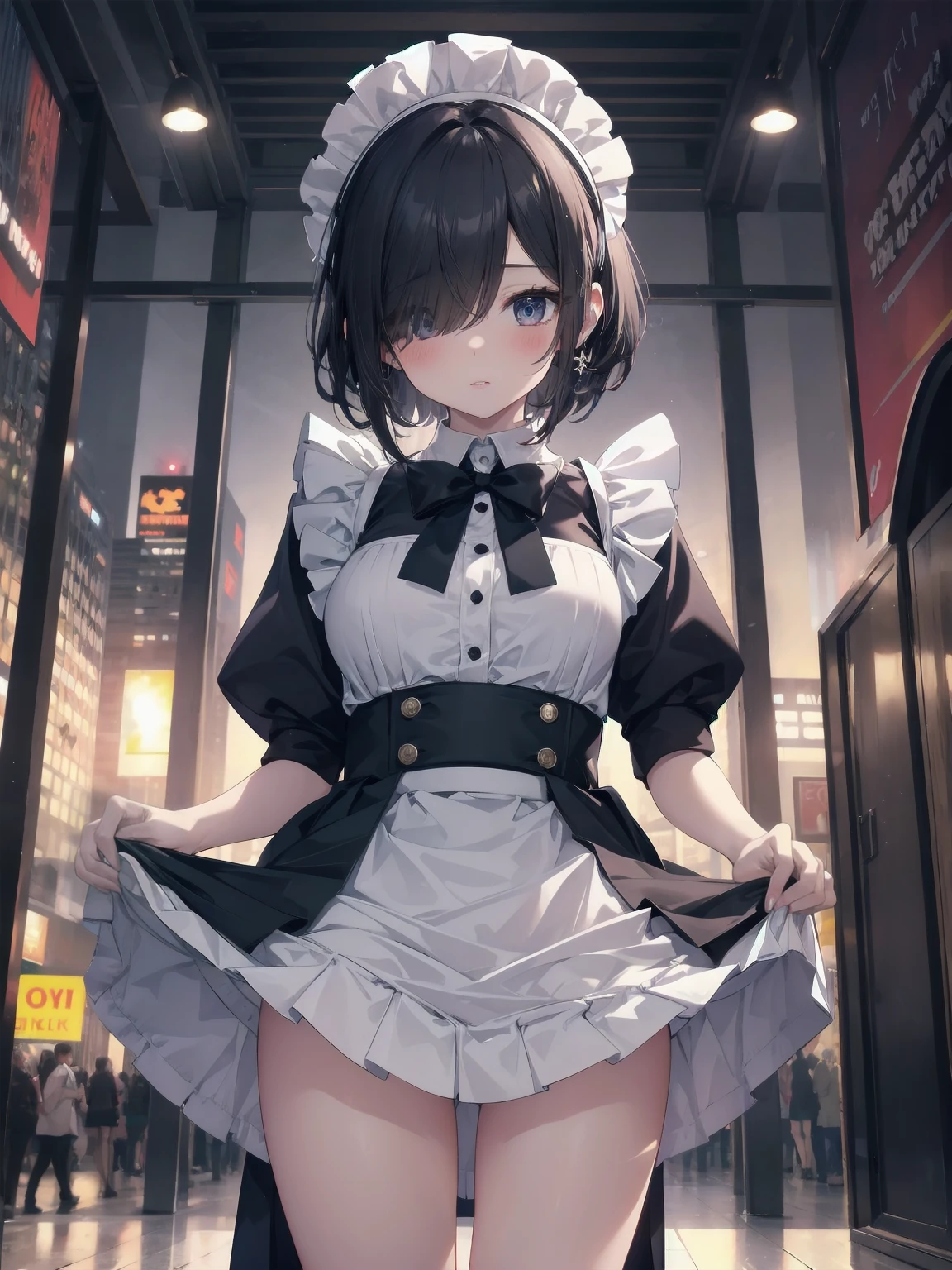 Highly detailed CG Unity 8k wallpaper, Top quality, Highly detailed, Masterpiece, Highly detailed pretty girl, , (((lifting skirt by herself))), (lifting skirt by herself)), dynamic angles, sexy pose, blush, lips apart, looking at audience, half body shot, (crowd), (crowded big city)), hair over one eye, immaculate beauty, less revealing maid outfit, classical maid fashion