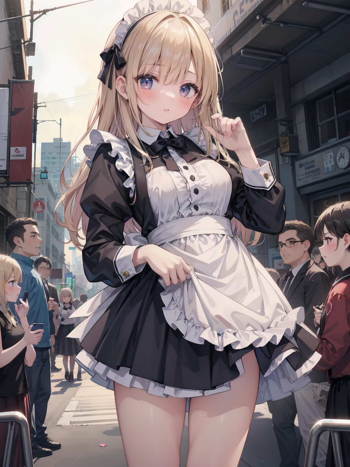 Highly detailed CG Unity 8k wallpaper, Top quality, Highly detailed, Masterpiece, Highly detailed pretty girl, , (((lifting skirt by herself))), (lifting skirt by herself)), dynamic angles, sexy pose, blush, lips apart, looking at audience, half body shot, (crowd), (crowded big city)), hair over one eye, immaculate beauty, less revealing maid outfit, classical maid fashion