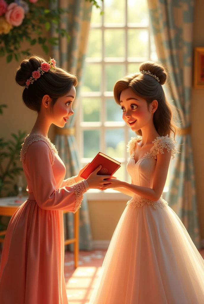 The mother of the bride giving the bride a passbook , pixar disney style, 3d , high-aesthetic, cinematic, masterpiece