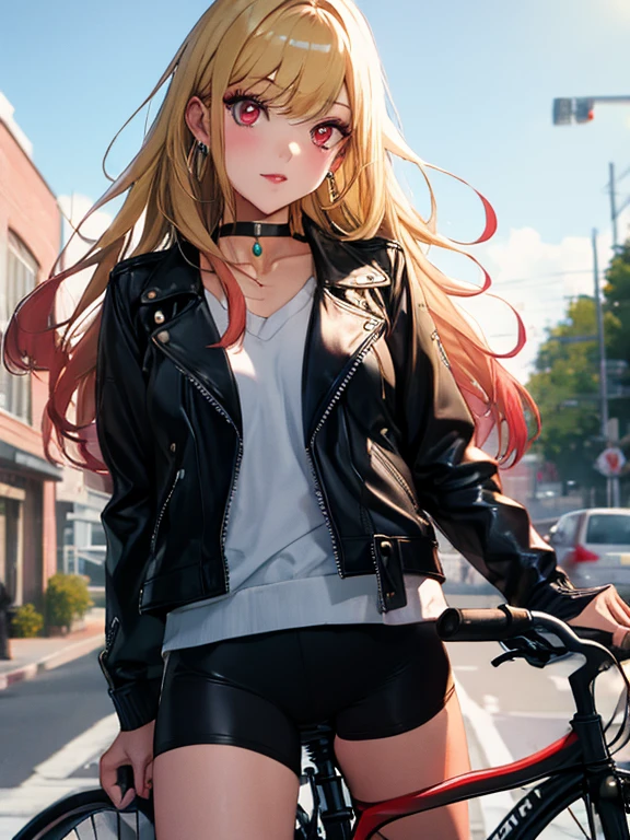 rider, Black Leather Jacket, Kitagawa Marine, Ride a big bike, One girl, Blonde Hair, Long Hair, Multicolored Hair, Red eyes, jewelry, Earrings, Earrings, Black choker, uhd, retina, masterpiece, ccurate, anatomically correct, textured skin, super detail, high details, high quality, best quality, highres, 4K