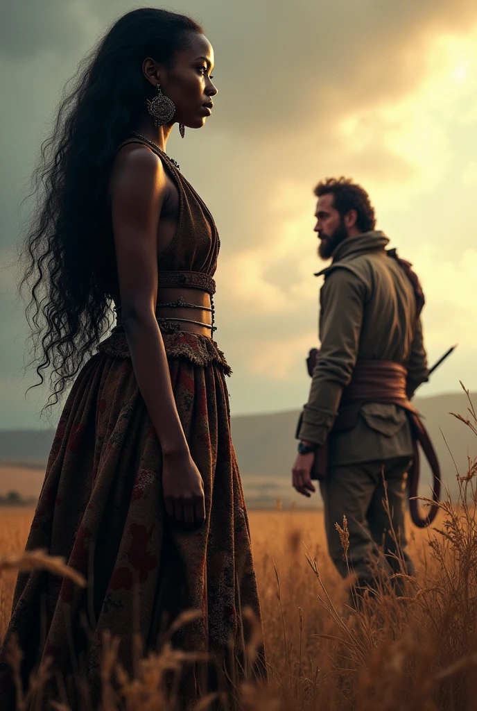 Create an epic story poster of a black girl with long hair and in native clothing with a white Caucasian man with a worn out soldier uniform meeting each other but he's looking at her while she's standing far away from her perspective 