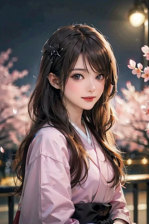(8k, RAW Photos, Highest quality, High resolution:1.2), (Realistic, photo-Realistic:1.37) , (Highly detailed face and eyes、Beautiful Face、Beautiful Eyes、Beautiful Nose、Pretty lips)、alone, 1人のfemaleの子, female_concentrated, Gothicロリータ、Gothic、18-year-old、smile、Beauty、glamorous、Blushed cheeks、Beautiful world、Goth Lorica Headband、ダークGothicメイク、mysterious、Cherry blossoms at night background、dress、Black kimono,Japanese style background