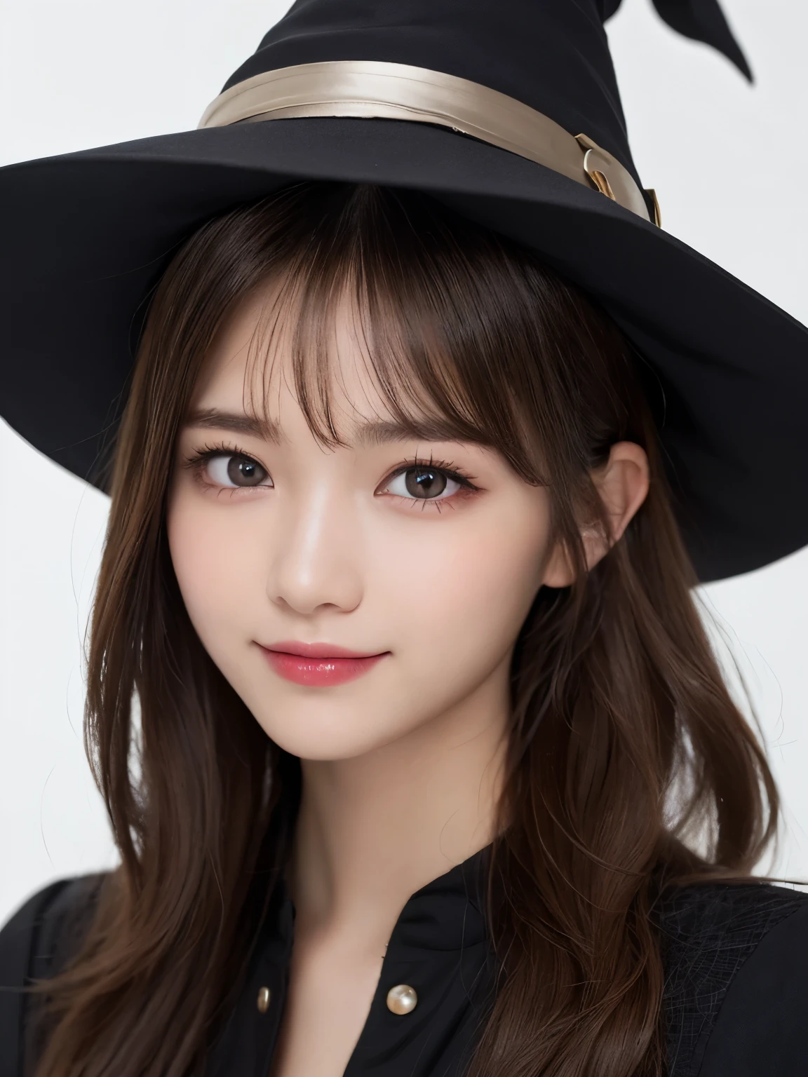 white background, half body portrait, bust shot, looks happy, gentle smile, one girl, (a beauty girl, delicate girl:1.3), (20 years old:1.3), break, (witch costume, Witch hat, Witch clothes), break, very fine eyes, (symmetrical eyes:1.3), break, C cup breasts, brown eyes, parted bangs, brown hair, (smile), break, (eyes and faces with detailed:1.0), break, (masterpiece, best quality, ultra detailed, detailed face, 8k)