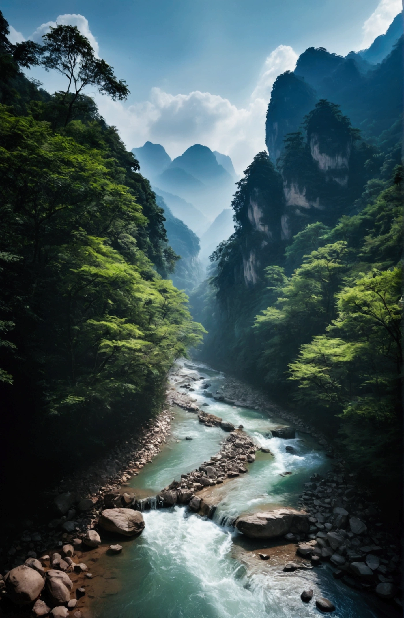 The stream is flowing，The stream is clear，Behind is the stone mountain of Zhangjiajie,Clouds and mist，Cinematic color grading