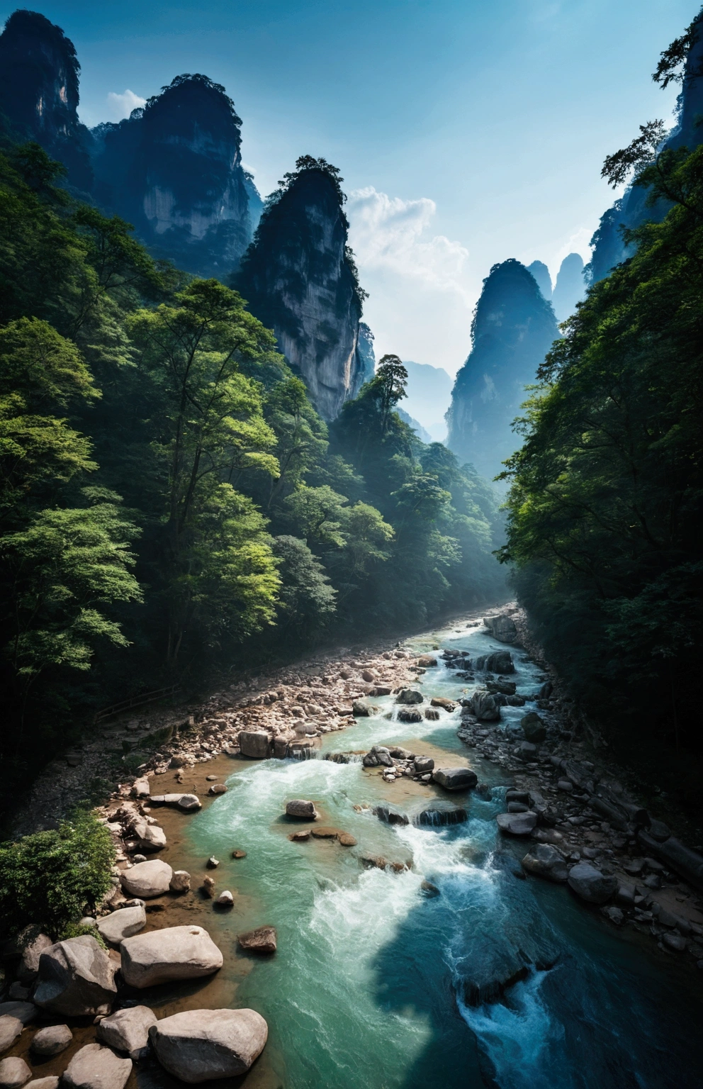 The stream is flowing，The stream is clear，Behind is the stone mountain of Zhangjiajie,Clouds and mist，Cinematic color grading