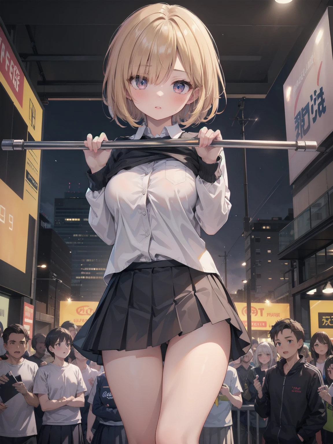Highly detailed CG Unity 8k wallpaper, best quality, highly detailed, masterpiece, Highly detailed cute girl, 18 years old, (((lifting skirt by herself))), (lifting by herself), dynamic angles, sexy pose, blush, lips apart, looking at the audience , half body shot, (crowd), (crowded big city)), hair over one eye, immaculate beauty, upscale, less revealing clothing