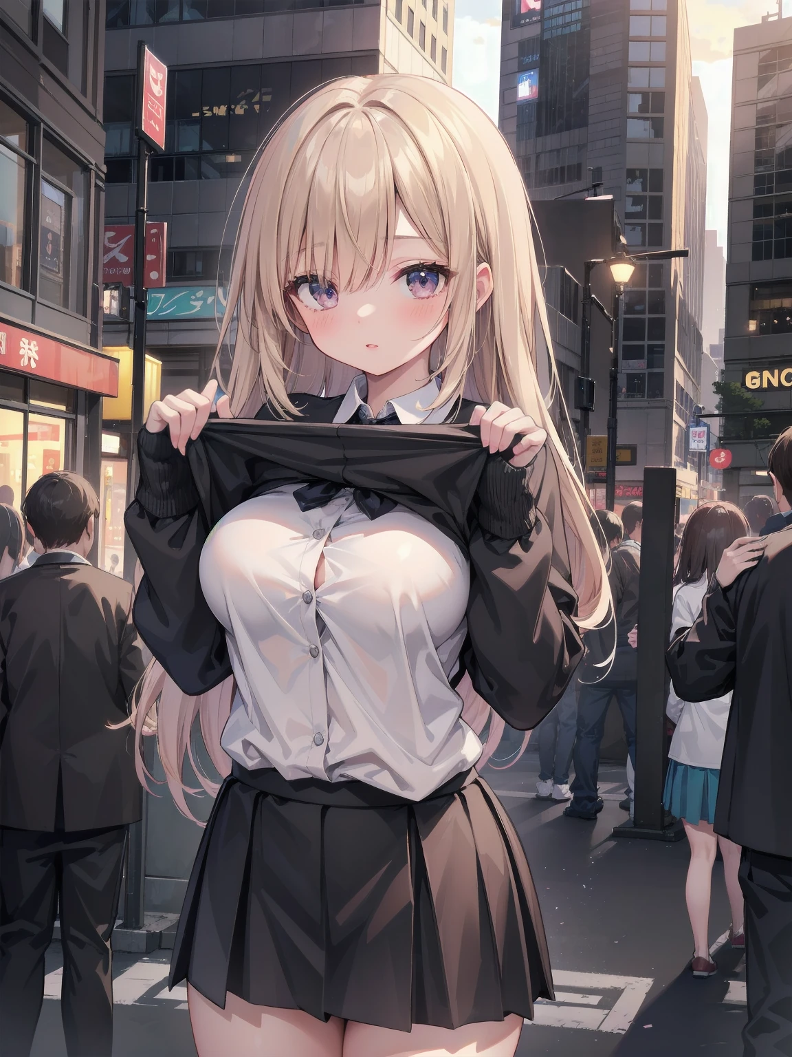 Highly detailed CG Unity 8k wallpaper, best quality, highly detailed, masterpiece, Highly detailed cute girl, 18 years old, (((lifting skirt by herself))), (lifting by herself), dynamic angles, sexy pose, blush, lips apart, looking at the audience , half body shot, (crowd), (crowded big city)), hair over one eye, immaculate beauty, upscale, less revealing clothing