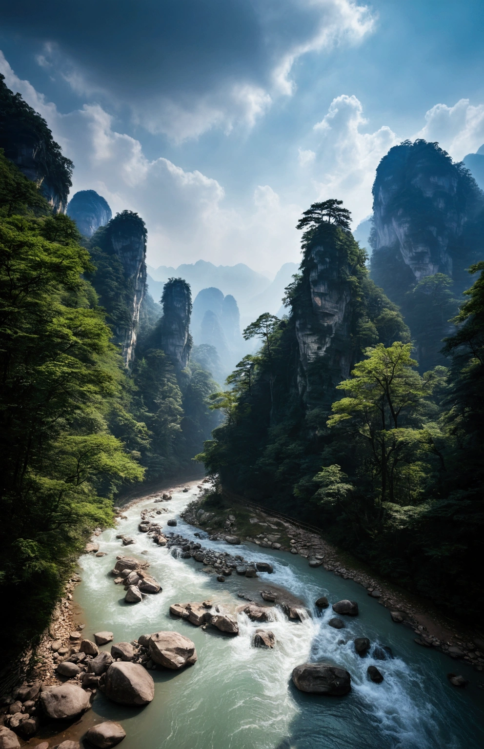 The stream is flowing,The stream is clear,Behind is the stone mountain of Zhangjiajie,Clouds and mist,Cinematic color grading