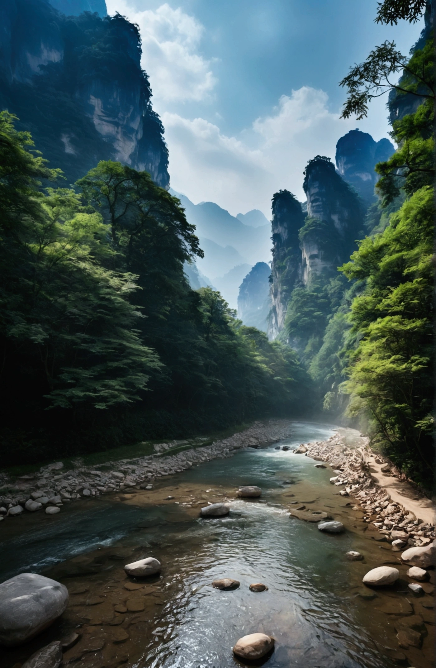 The stream is flowing,The stream is clear,Behind is the stone mountain of Zhangjiajie,Clouds and mist,Cinematic color grading