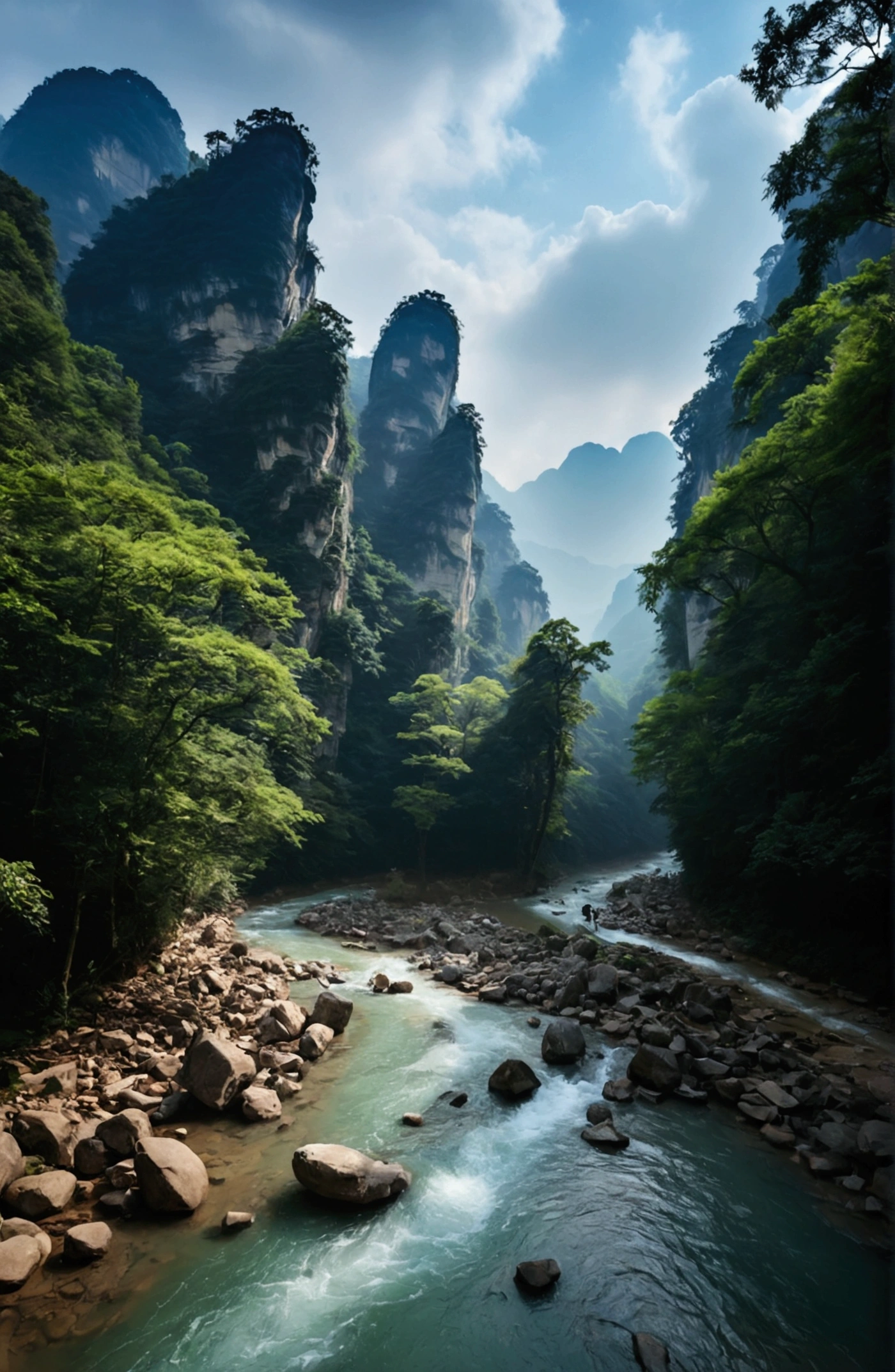 The stream is flowing,The stream is clear,Behind is the stone mountain of Zhangjiajie,Clouds and mist,Cinematic color grading