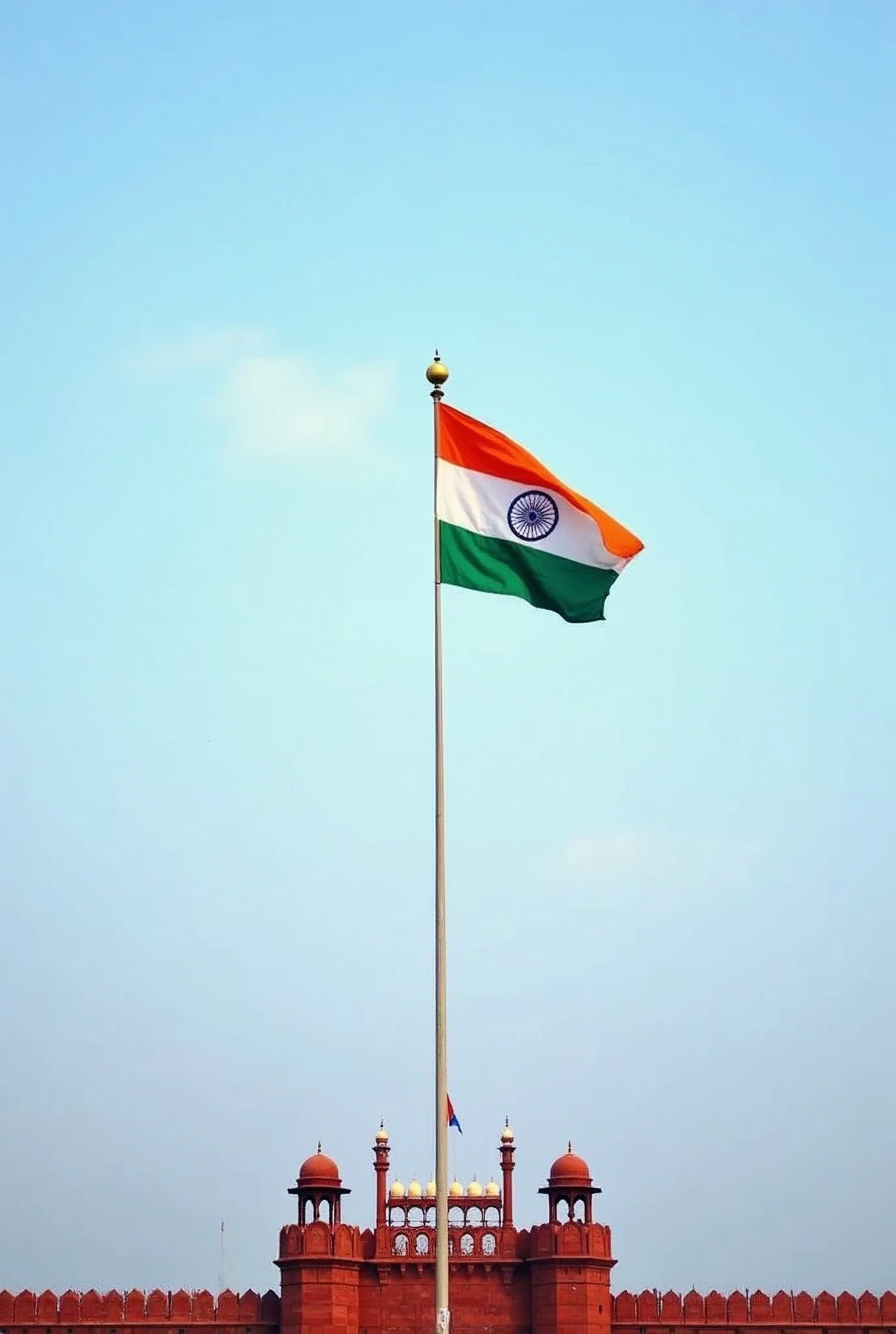 in the center the Hoisted India Flag that is not waving, light blue sky with minimal clouds and red fort as backdrop