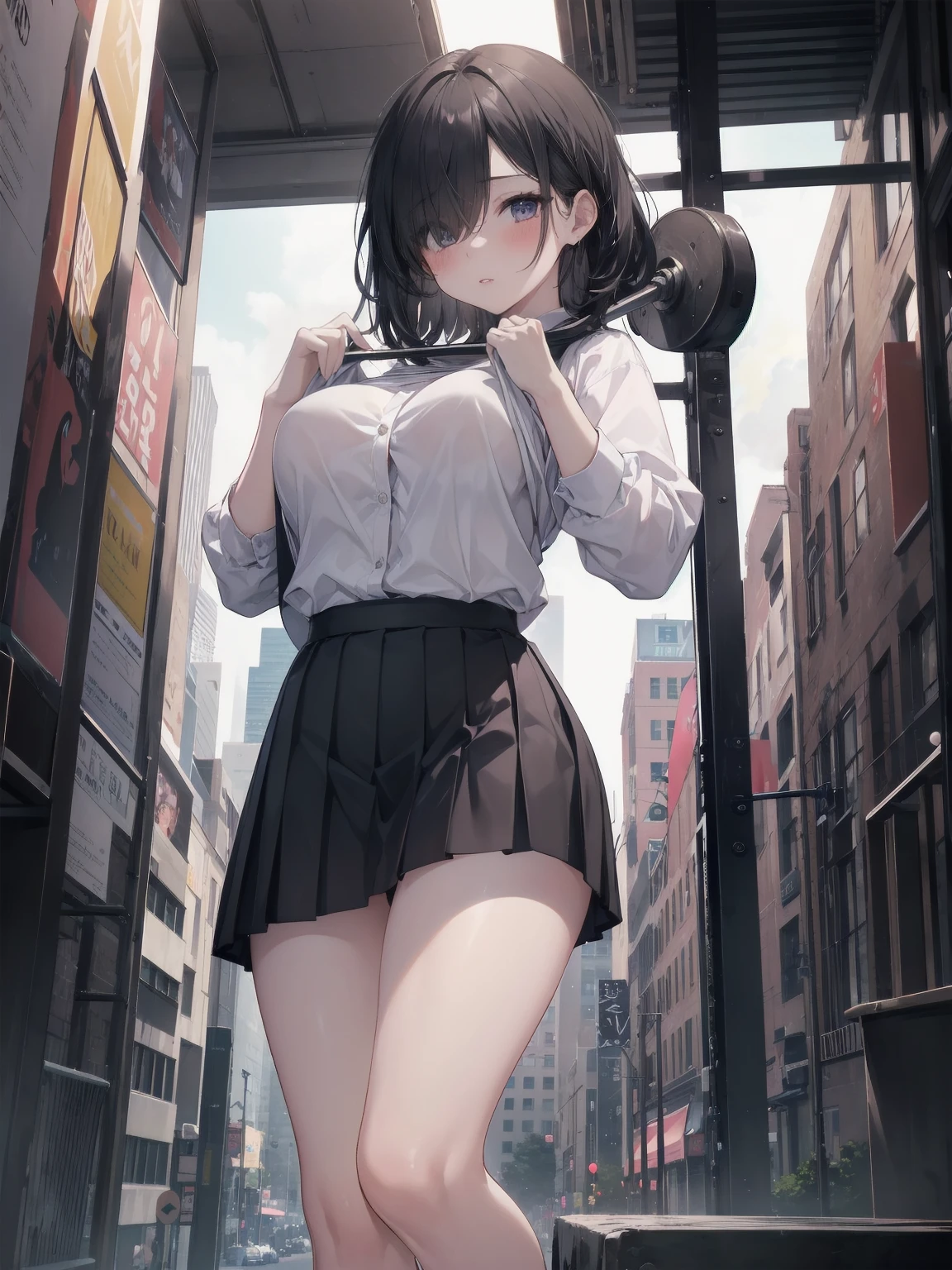 Highly detailed CG Unity 8k wallpaper, best quality, highly detailed, masterpiece, Highly detailed cute girl, 18 years old, (((lifting skirt by herself))), (lifting by herself), dynamic angles, sexy pose, blush, lips apart, looking at the audience , half body shot, (crowd), (crowded big city)), hair over one eye, immaculate beauty, upscale, less revealing clothing