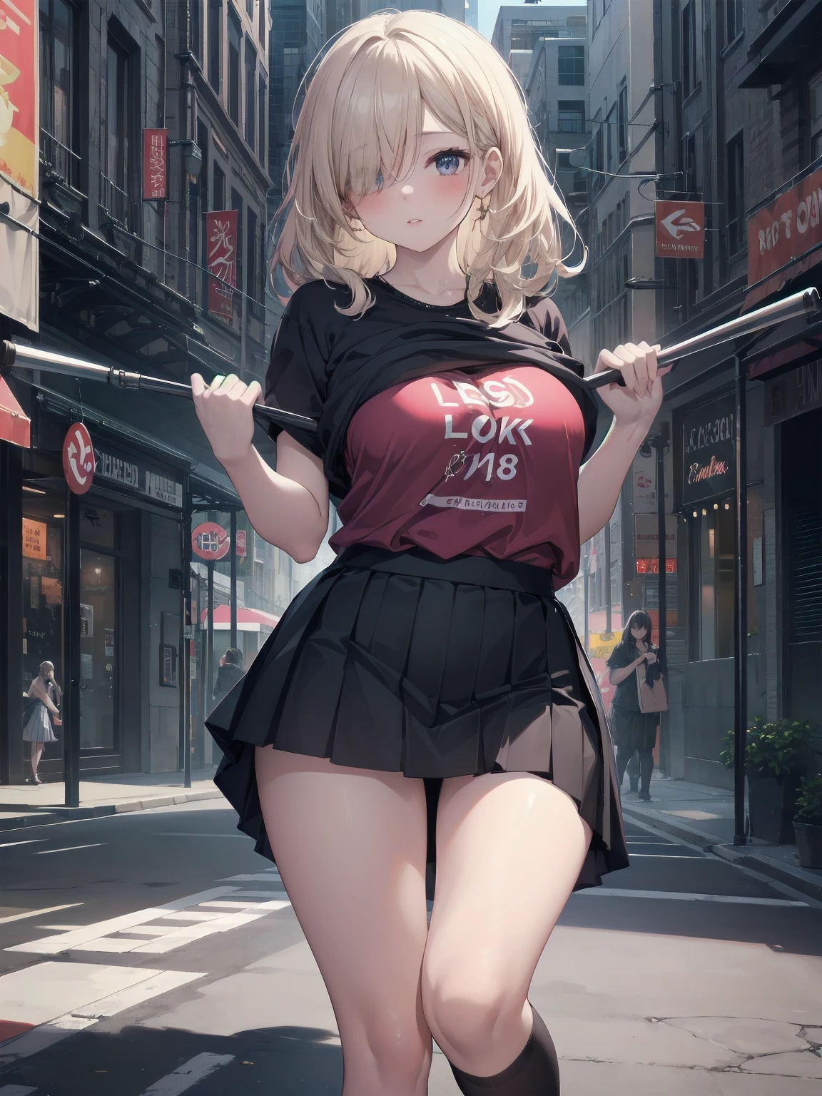 Highly detailed CG Unity 8k wallpaper, best quality, highly detailed, masterpiece, Highly detailed cute girl, 18 years old, (((lifting skirt by herself))), (lifting by herself), dynamic angles, sexy pose, blush, lips apart, looking at the audience , half body shot, (crowd), (crowded big city)), hair over one eye, immaculate beauty, upscale, less revealing clothing