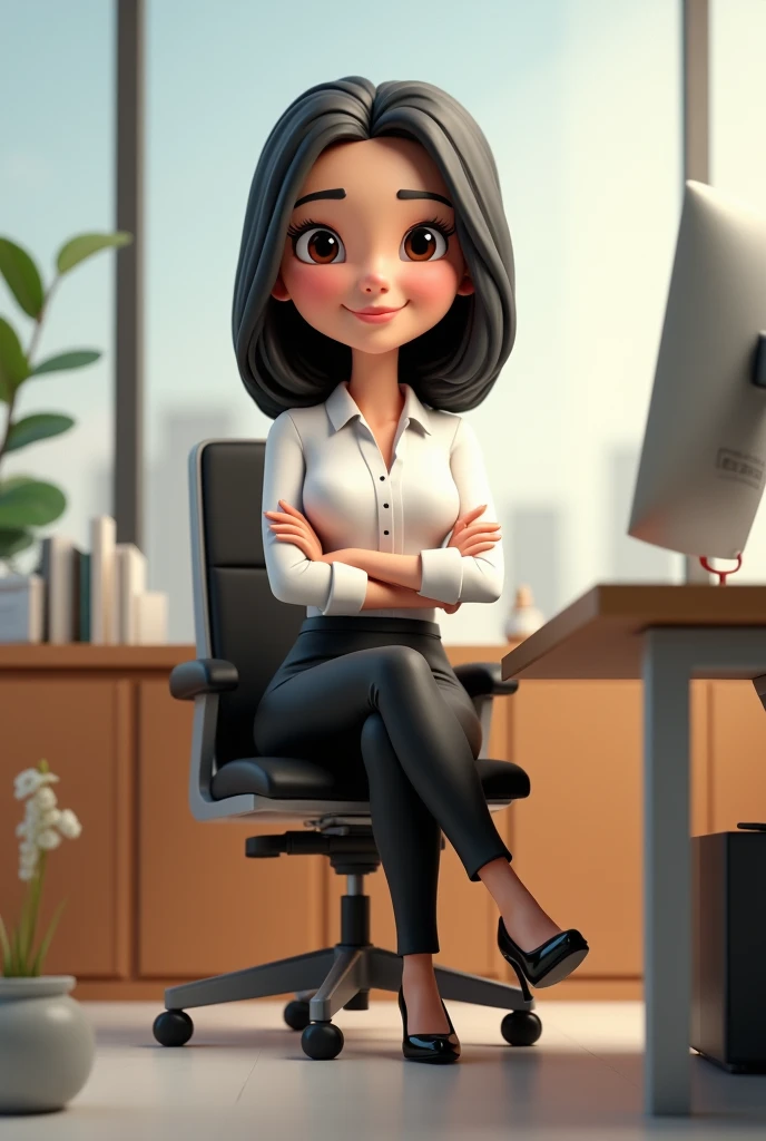 Cartoon 3d, adult woman, shoulder-length black hair, round brown eyes, 
white dress shirt and black dress pants, high heels, 
inside an office, sitting at her desk, looking straight ahead, with her arms crossed