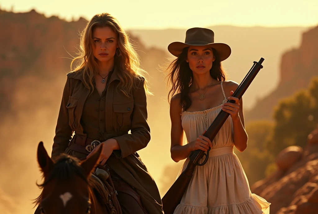 Cinematic film still from the movie "Bandidas", intense gritty, photo of two beautiful female cowboy outlaws , the one on the left holding a pistol is wearing a brown coat and dark shirt, the one on the right holding a rifle is wearing white wild west theme sundress , looking at the viewer, horse riding, Grand Canyon, golden hour , dramatic shadows , natural lighting . dusty mood