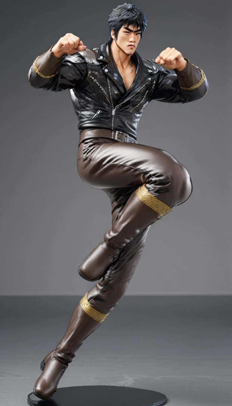 HokutoNoKen1024, 1man, kicking, leather jacket, leather pants,