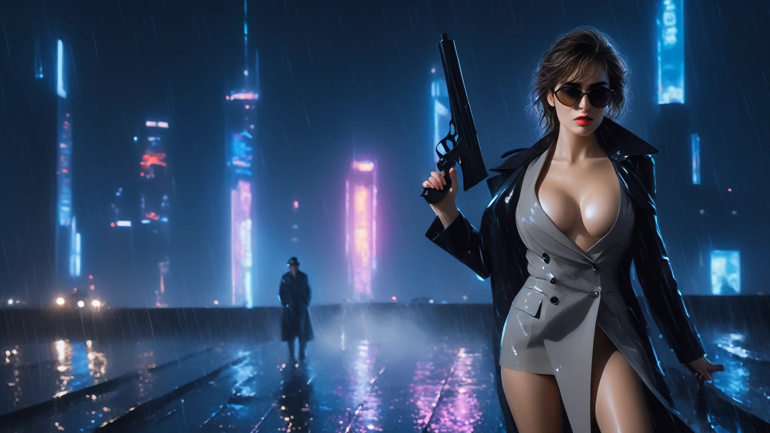 (Hyper-realistic photograph:1.4), Captivating scene under the rain at night on a rooftop, a sexy slim woman, large breast cleavage, with short brown hair, three-quarters view, Black trench coat, (black sunglasses, holding a short gun), with a dark rainy city landscape in background, blue eyes, photography style, (half-body shot:1.3), (contemplative expression:1.2),(well-lit:1.2) Extremely Realistic, serendipity art, (sharp focus:1.3), intricate details, highly detailed, by God himself, original shot, masterpiece, detailed and intricate, Movie Still, guttojugg1