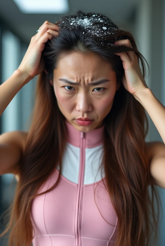 Create an Asian long-haired beauty,Wearing a pink and white high-necked yoga outfit,Scratching the scalp with both hands,There is a lot of dandruff on the top of the head,White fine dandruff on the top of the head,Fierce and unhappy expression,The characters are realistic and realistic,Office Background,9:16 frames,Ultra-high-definition picture quality