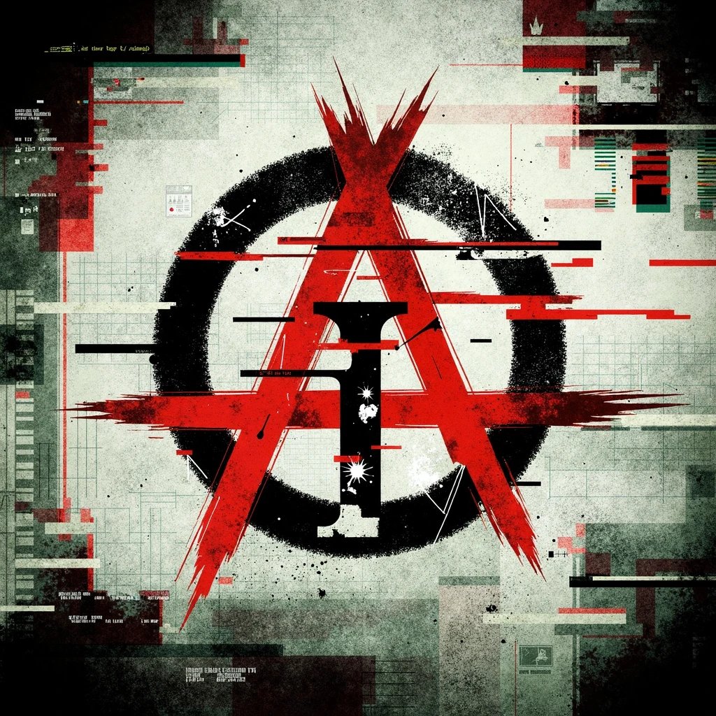 Main Prompt:
Design a stunning punk logo featuring a large black letter "i" at the center of the composition, ensuring it is clearly visible against the backdrop of an anarchy symbol (A in a circle). Use a rough, stencil-like font for the text. The color scheme should include black and red on a dirty white background. Surround the central elements with glitches, pixel errors, and code snippets to enhance the rebellious and chaotic style. Incorporate a handmade aesthetic with chiaroscuro effects to add depth and texture, creating a visually striking and edgy logo that embodies the spirit of punk culture.

Negative Prompt:
Avoid using a clean or polished font; ensure the stencil-like style remains rough and gritty. Do not incorporate bright or pastel colors; stick to the specified black, red, and dirty white palette. Ensure that the anarchy symbol is clearly defined and does not blend into the background, allowing the "i" to stand out prominently. Avoid excessive detail that may clutter the design; maintain a focus on the central "i" and anarchy symbol while ensuring the glitches and code snippets enhance rather than overwhelm the composition.