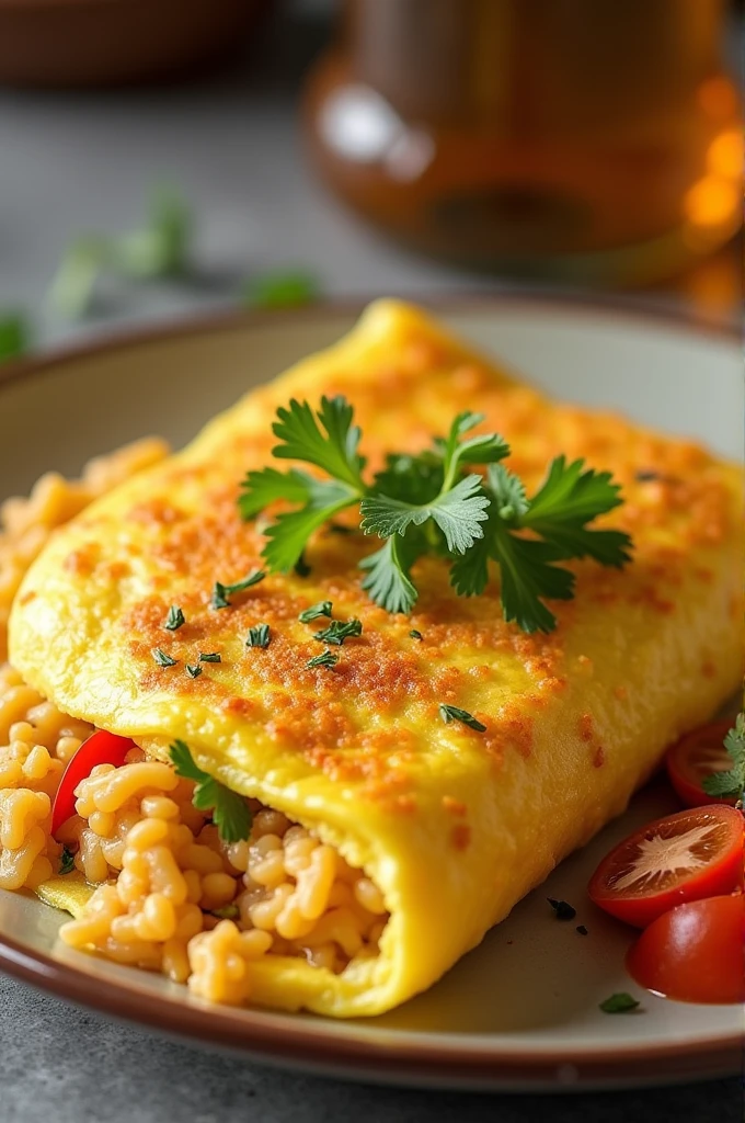Create a picture about this food. The pancit canton is inside the omelette