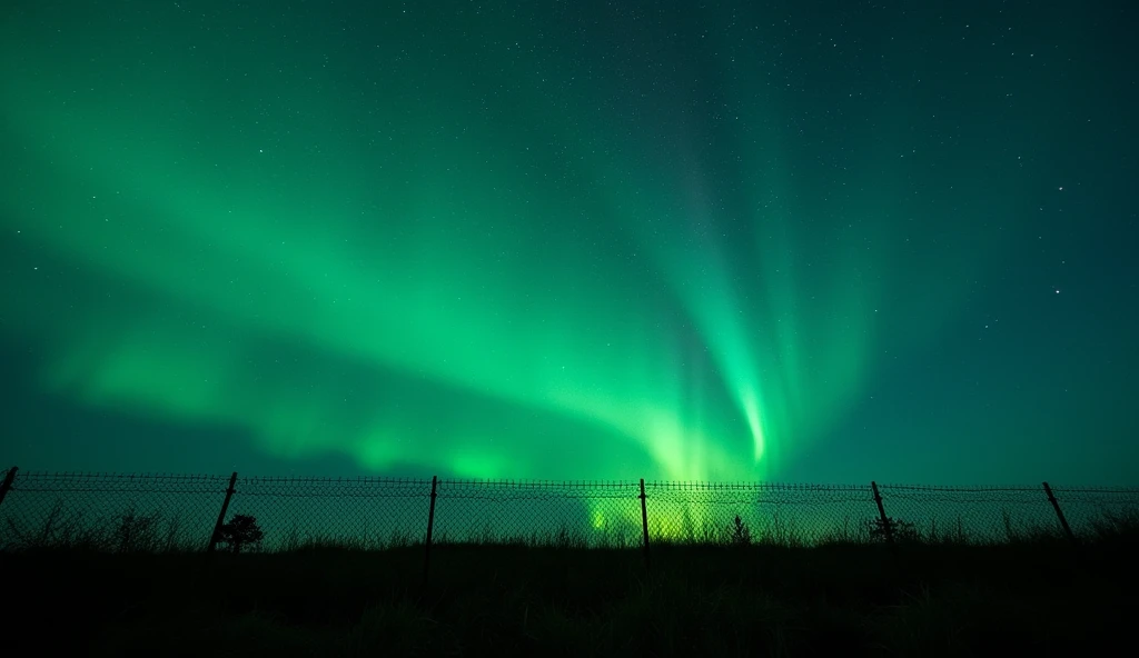 Starry sky, fence, aurora green light, photography, in the style of Nikon