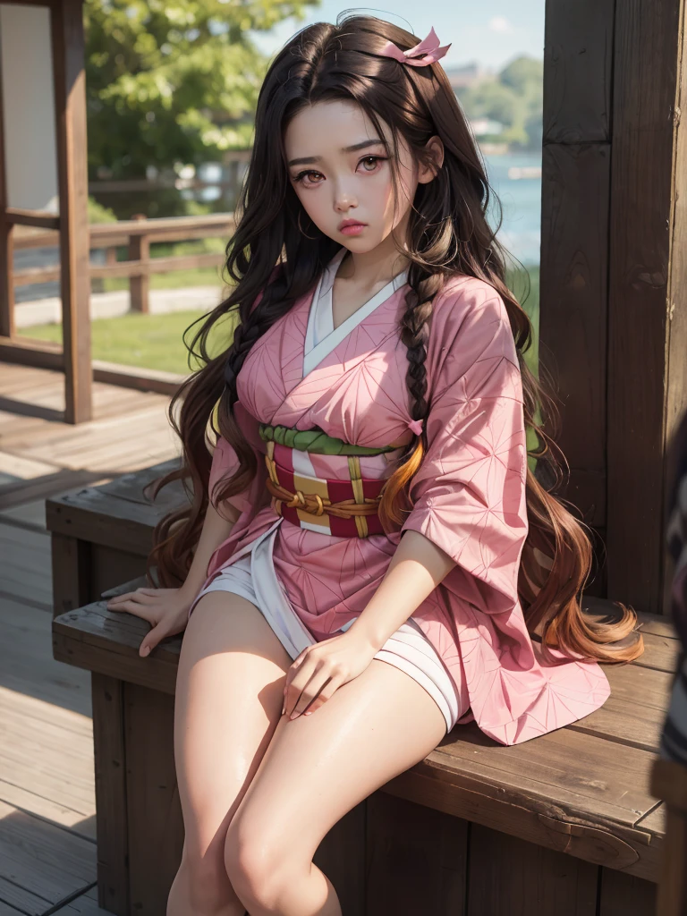 Masterpiece, Best Quality, High Resolution, Venus1, 1Girl, Solo, Tsuko Kamato, Bamboo, Gag, Hair (brown), Plaid Belt, Gag, Gag, Gradient Hair, Hair Ribbon, Haori, Japanese Clothing, Very Short Kimono, Long Hair, Looking at the Audience, Multicolored Hair, Pink Eyes, Very Short Pink Kimono, Pink Ribbon, Ribbon, Solo, (((Masterpiece)), Forehead, Sitting, Cute puffing cheeks, Angry, Eyes wide, hips very wide, thighs very thick